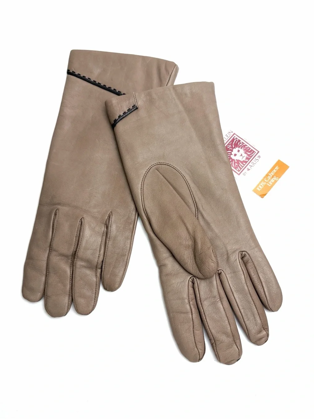Vintage Anne Klein by Aris Taupe Leather Gloves 100% Cashmere Lined Size 8 NWT